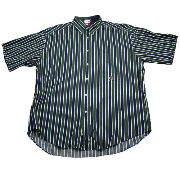 Tommy Hilfiger Shirt Mens Large Blue Green Striped Logo Button Up Casual - Picture 1 of 15